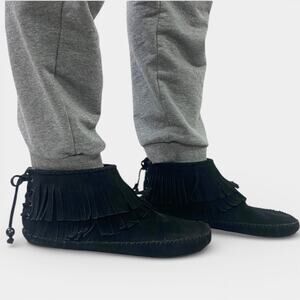 Call It Spring Black Faux Suede Fringe Western Boho Festival Ankle Booties Sz 10